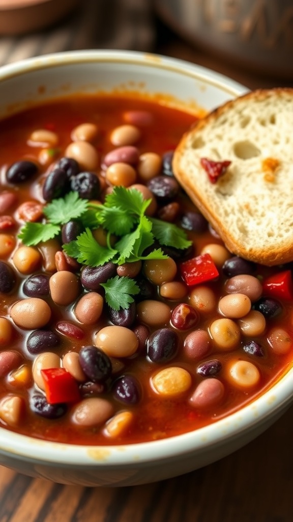 A bowl of hearty four-bean chili with various beans and cilantro, accompanied by rustic bread.